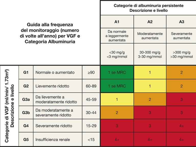 Griglia VFG e albuminuria per indicare rischio progressione in base all’intensità della colorazione